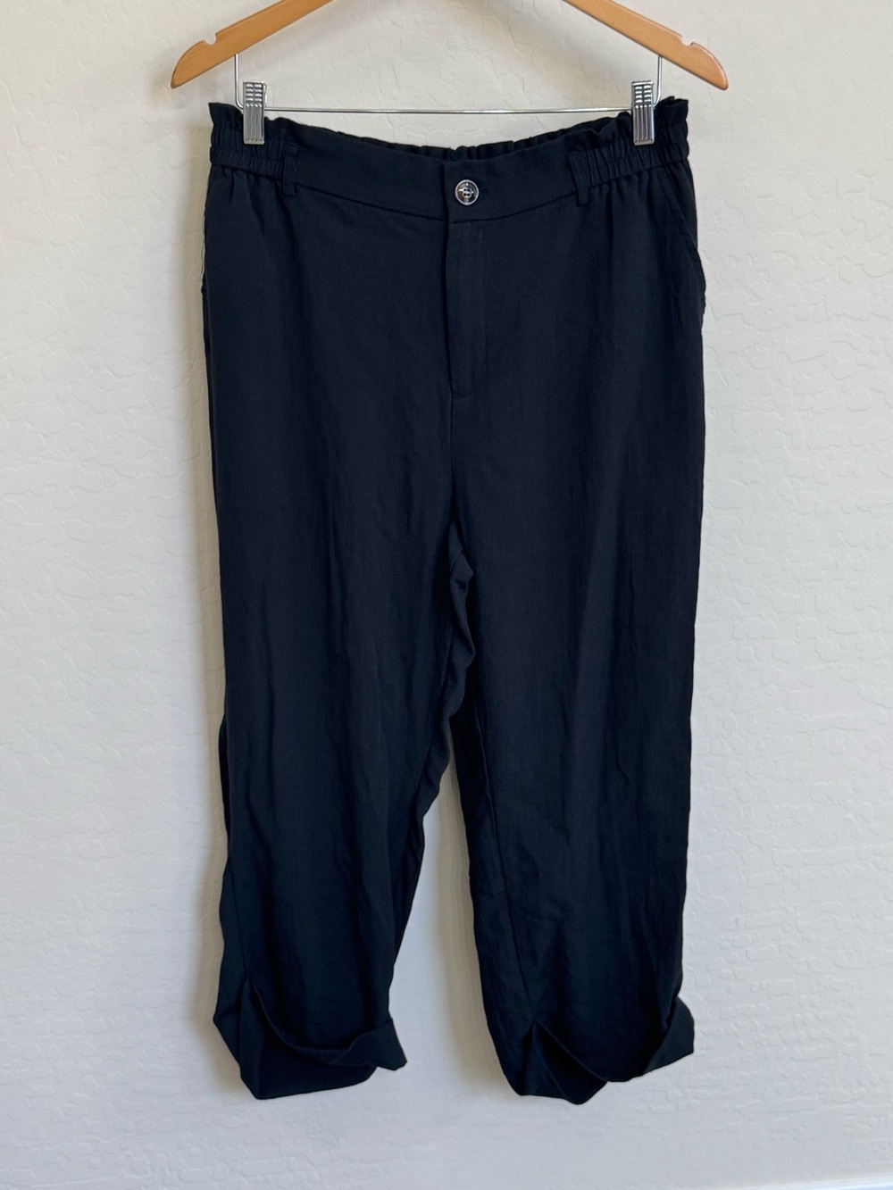 Halara Black Casual High Waisted Linen Feel Cropped Trouser Pants L Lightweight